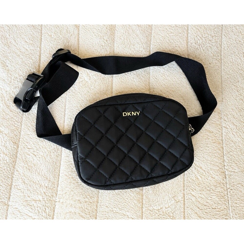 DKNY Quilted Belt Bag Black Nylon Crossbody Fanny Pack Silver Hardware NWT
